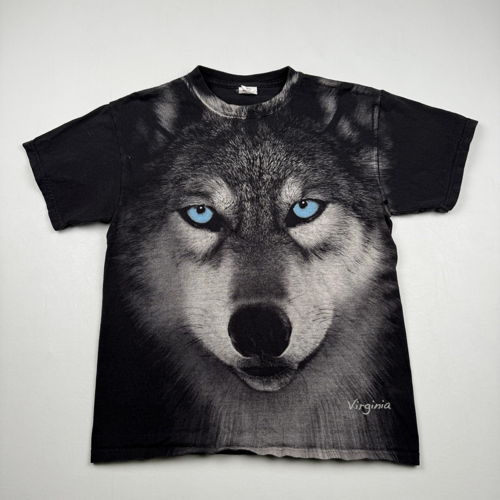 Vintage Wolf Shirt Mens Medium Black Big Face Animal Graphic Tee Virginia 90s
